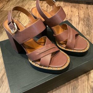 Coach Brown Leather Studded Platform Sandals